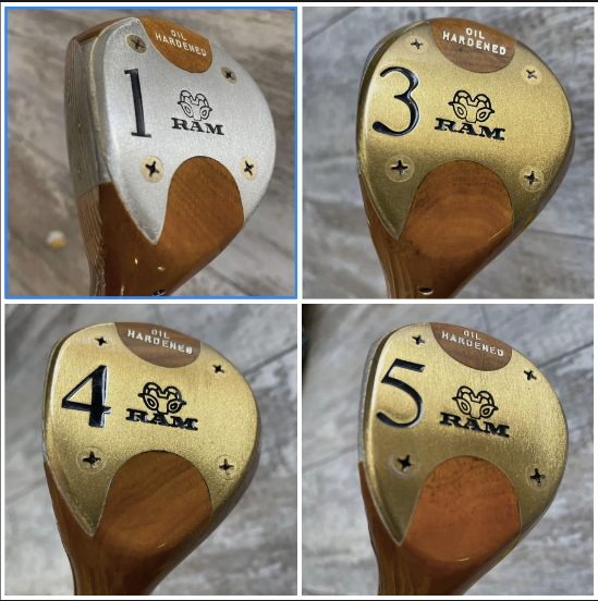Set of Unused Golden Ram 1 3 4 & 5 Persimmon Wood Driver Steel Shaft Golf Clubs