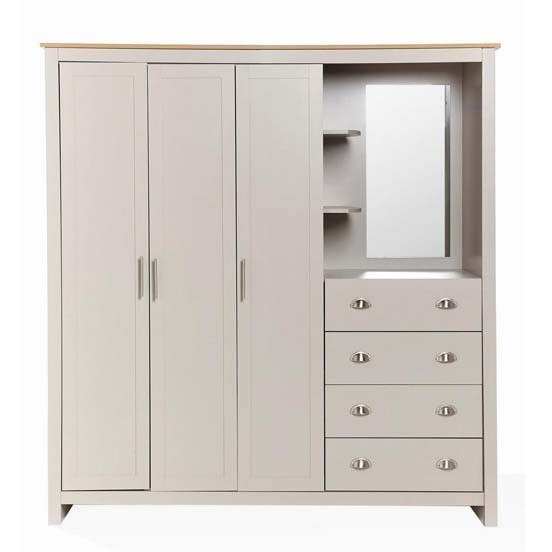Brand New Lancaster GREY 3 Door Wardrobe 4 Storage Drawers Mirror Shelves Dressing Area Combi