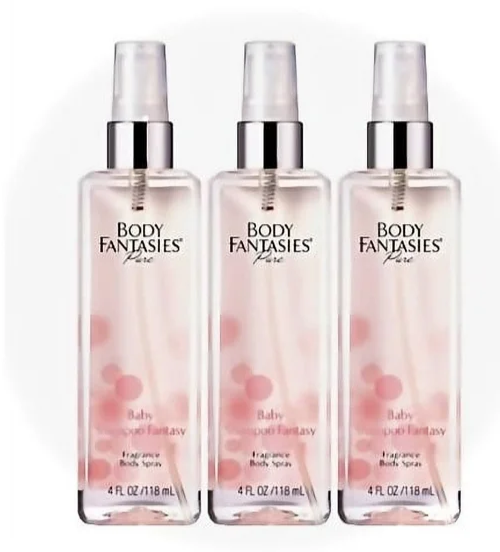 3 Pack Body Fantasies Pure Baby Shampoo Fantasy Body Spray 4 oz