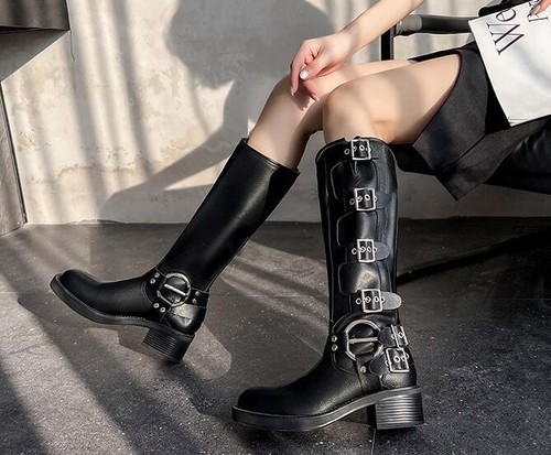 Womens Fashion Round Toe Buckle Strap Knee Boots Knight