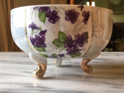 Vintage Rice Bowl Very Heavy Gold Moriage Trim Pink Roses Green Leaves Lavender Purple Floral Rings Small Pedestal Rim Beaded Collectible