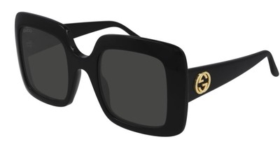 Pre-owned Gucci Gg0896s 001 Black Shiny Grey Rectangular Squared 52 Mm Women's Sunglasses In Gray