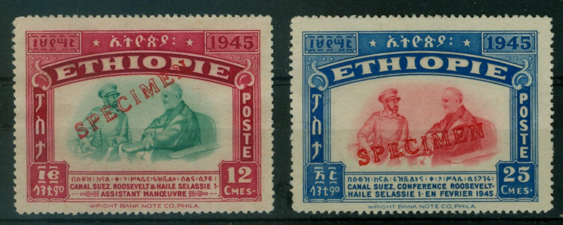 Ethiopia 1947, 12c and 25c Roosevelt and Selassie, SPECIMEN overprints #278-9