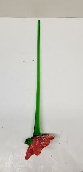 MURANO ART STYLE RED WHITE MARBLE SPECKS BUTTERFLY LONG STEM GLASS FLOWER 19.75