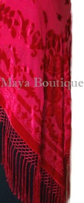 Pre-owned Maya Matazaro Silk Burnout Velvet Poncho Top Fringe Piano Shawl Wrap True Red