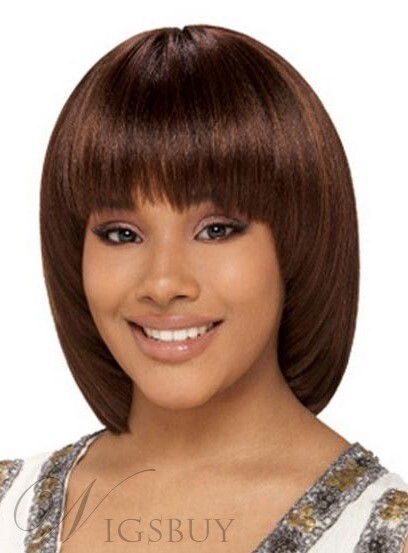 Rihanna Red Brown Medium Straight Hair With Full Bangs Capless Cap