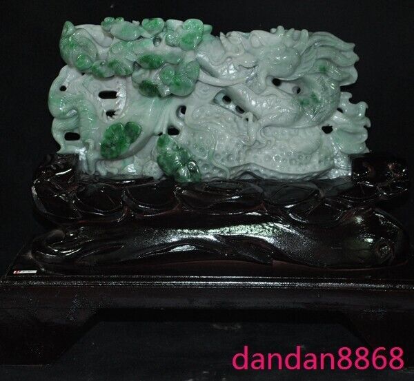 10.8"china 100% Natural Jadeite Emerald Jade Fengshui Animal Dragon Loong Statue