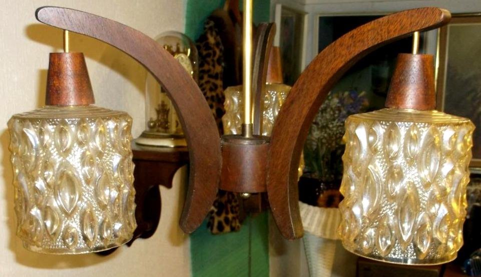 Vintage Retro 60s 70s Mid Century Teak Glass 3 Arm Chandelier Ceiling Light Fitting in Norwich