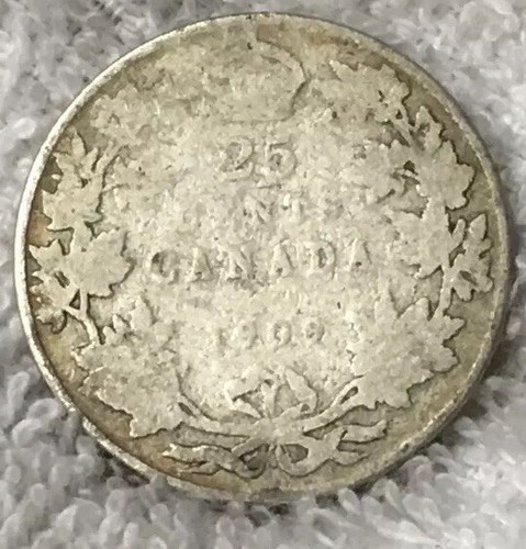 1909 Canada Antique Silver Coin, 25 Cent, Quarter, King Edward Crowned