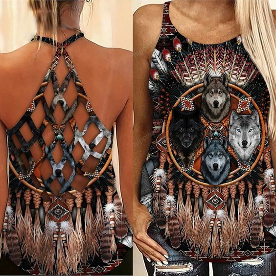 DREAMCATCHER FOUR WOLF CRISS CROSS TANK TOP All Over Print Us Size Best Price