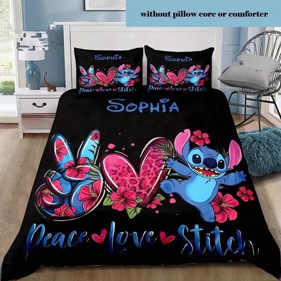Personalized Peace Love Stitch Tropical Flowers 3D Quilt Bedding Set Us Size