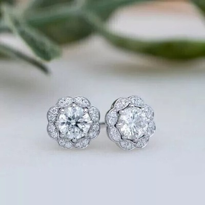 Round Lab Created Diamond Valentines Gift  Women's Earring 14K White Gold Plated