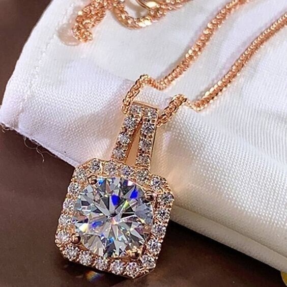 2.00CT Round Cut Real Moissanite Halo Pendant 14K Yellow Gold Plated Silver