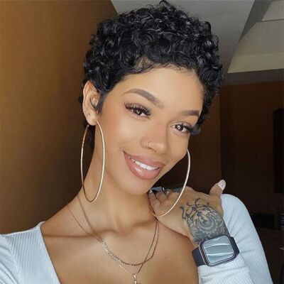 Short Afro Curly Black Pixie Cut Synthetic Wigs Synthetic Heat Safe For Women 
