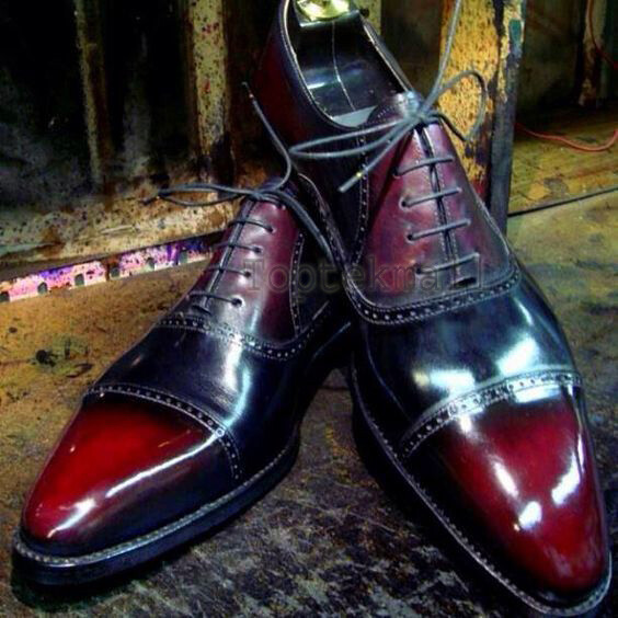 Pre-owned Handmade Men's Leather Two Tone Maroon Black Plain Rounded Cap Toe Shoes-915