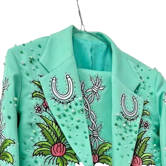 Pre-owned Art Men Cotton 2pc Pearl Embroidered Suit Western Wedding Cocktail Groomsmen & Groom In Light Sea Green