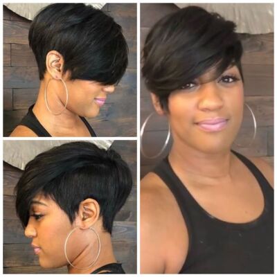 Short Human Hair Wigs With Bangs Pixie Cut Straight Layered Cut for Black Women