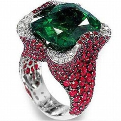 Syn Emerald & Lab Ruby Pave Set Ring 925 Sterling Silver Cocktail Party Jewelry