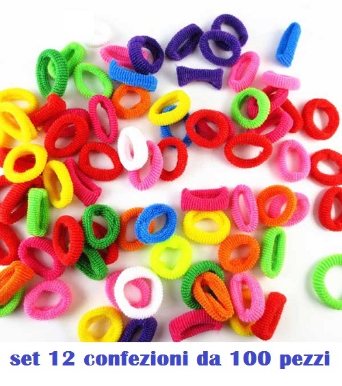 Set 12 Confezioni da 100 Pezzi Mini Elastici Per Capelli Colorati Bambina moc