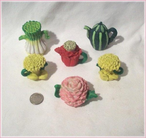 6 PC Collectible Flower & Vegetable Miniature Tea Pots - Onion Watermelon + more