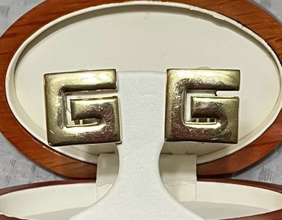 Large 1980 s Vintage Givenchy Paris Gold GG Logo Monogram Clip On Earrings