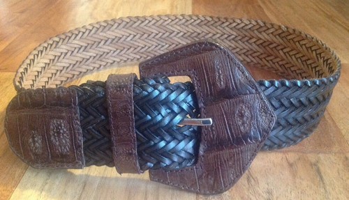 Vtg LASSO France Wide Belt Woven Braided Brown Leather Genuine Alligator Buckle