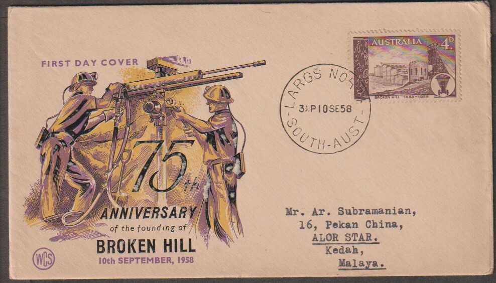 Australia 1958 75th Anniv.  founding of Broken Hill FDC to Malaya