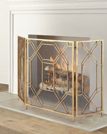 Rosen Fireplace Screen 53w Antiqued Gold Leaf 3 Panel Modern