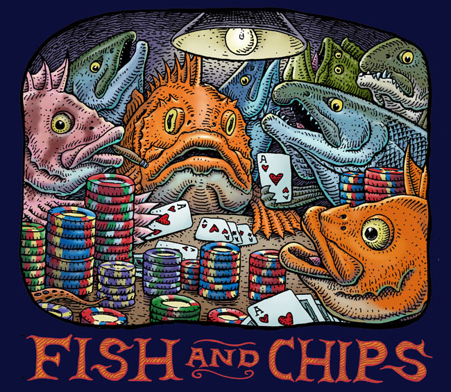 【りょー】 TROLL RIO PHOTO PRASHIRT XL Ray Troll Fish and Chips Poker players Gambling NEW XL, S