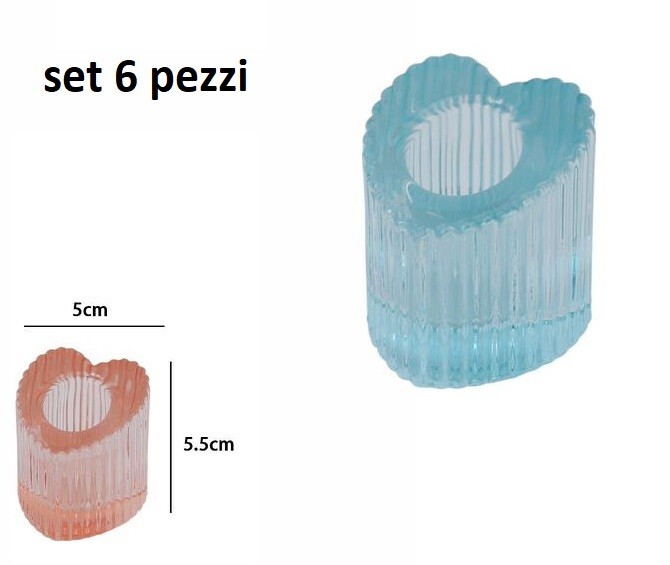 Set 6 Pezzi Porta Candele Portacandele Cuore In Vetro Colorato 5x5.5cm dfh