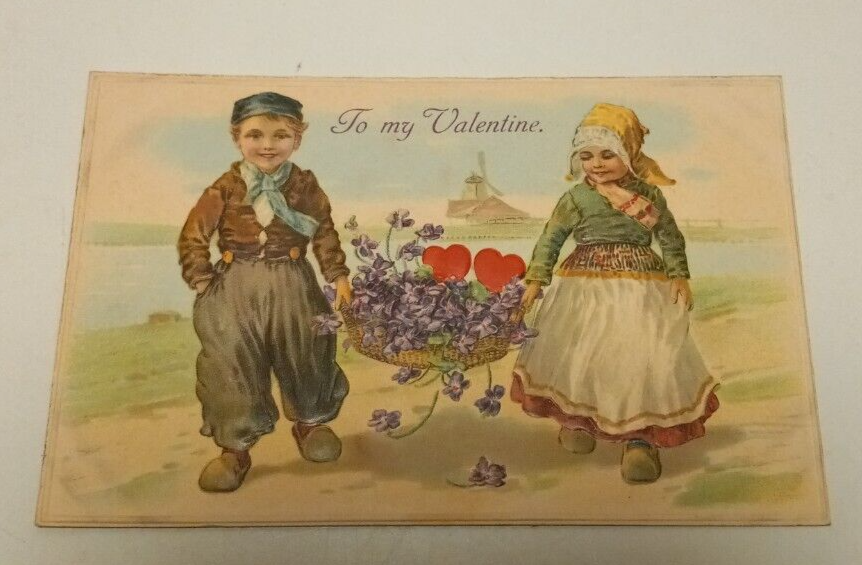 To My Valentine Dancers Basket of Flowers and Hearts Boy and Girl Postcard Old