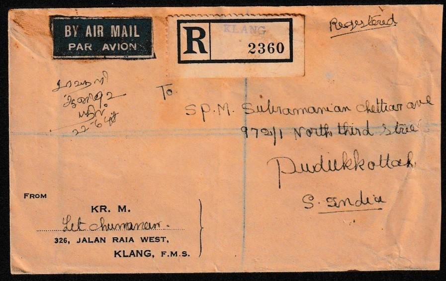 Malaya 1948 FMS registered cover India