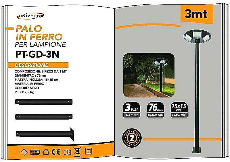Palo in Ferro Nero per Lampione Led Giardino Terrazzo Stradale 3 Mt PT-GD-3N uni