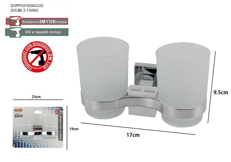 2 Bicchieri Porta Spazzolino Dentifricio Da Muro Parete Acciaio Vetro Square dfh