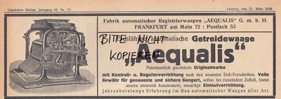 FRANKFURT/M., Werbung 1928, Fabrik automatischer Registrierwaagen AEQUALIS GmbH
