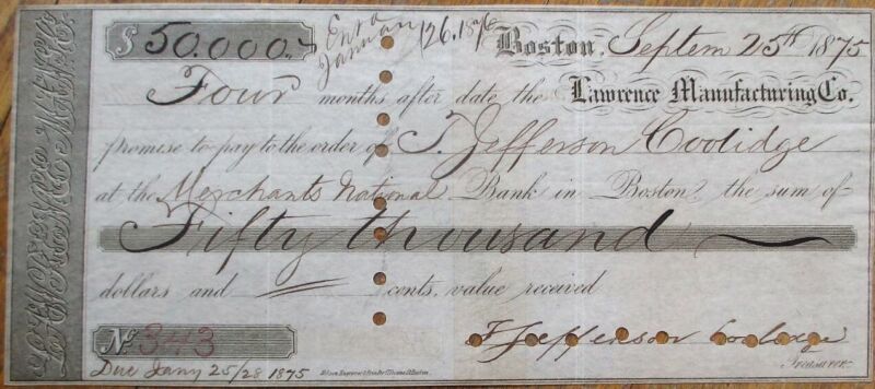 T. JEFFERSON COOLIDGE Autograph/Signed 1875 $50,000 Bond Certificate- Boston, MA