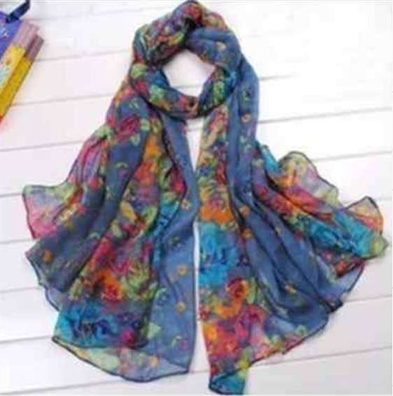 Womens Floral 20x60 Cotton Scarf Womens Wraps Shawl Stole Soft Scarves Dark Blue