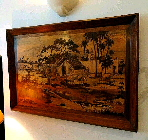 Large Framed Indian Marquetry Wooden Inlay ArtworkCountryside Setting