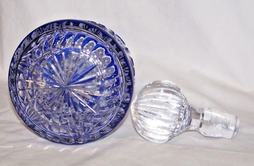 Bohemian/ Czech Art Glass Cobalt Cut To Clear Decanter Hobstar/ Bullseye Pattern