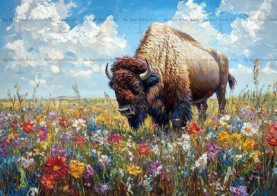 BISON IN SPRING FOREST ART PRINT, Farm Animal Portrait Buffalo Poster Decor E374