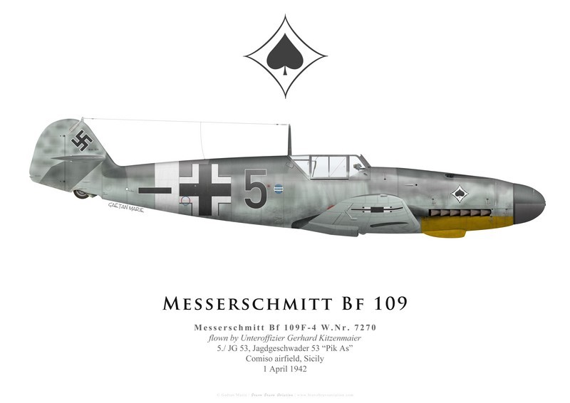 Print Messerschmitt Bf 109f-4, Uffz Kitzenmaier, 5./Jg 53, 1942 (By G. Marie)