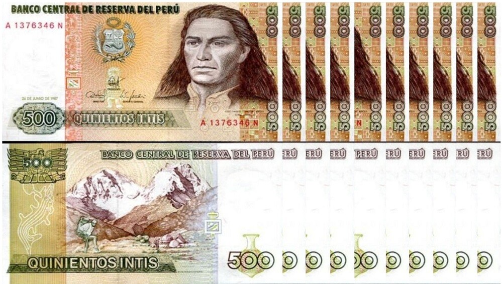 Peru 500 Intis 1987 P 134 UNC LOT 10 PCS  Huascarán mountain, Tupac Amaru