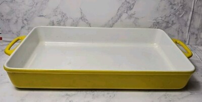 Vintage Cast Iron Yellow White Rectangular Baking Dish 13.5  X 8.5 
