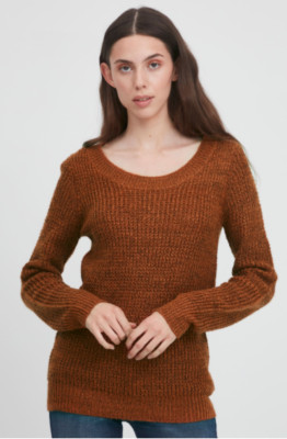 Ichi Women s Brown Strick Pullover Cotton Blend Crewneck Sweater Medium