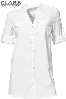 NEU DESIGNER BLUSE mit RÜSCHENBORTE EASY CARE 34 36 38 40 44 CLASS weiss *011488