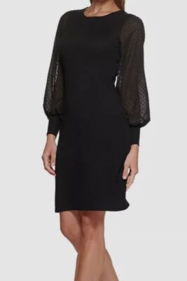 Dkny Women's Black Balloon-Sleeve Heavy Knit Pullover Sweater Dress Size L