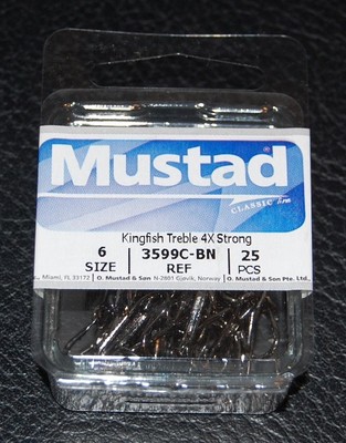 25 Mustad 3599CBN-06 4X Strong Kingfish Black Nickel Size 6 Treble Hooks