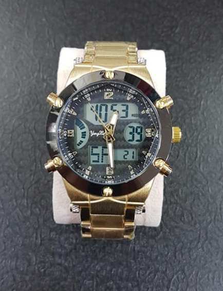 Orologio Polso Uomo Dual Time Analogico Digitale Sveglia Cronografo Dorato lac