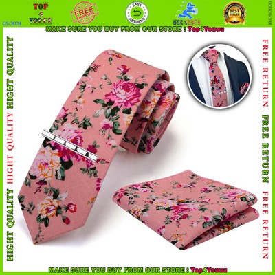 Fashion 2.4''（6cm） Cotton Floral Printed Necktie Tie Clip and Pocket Pink