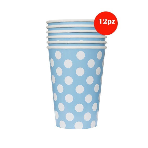 Set 12 Pezzi Bicchieri Azzurri Pois Bianchi In Carta Feste Compleanni Eventi dfh